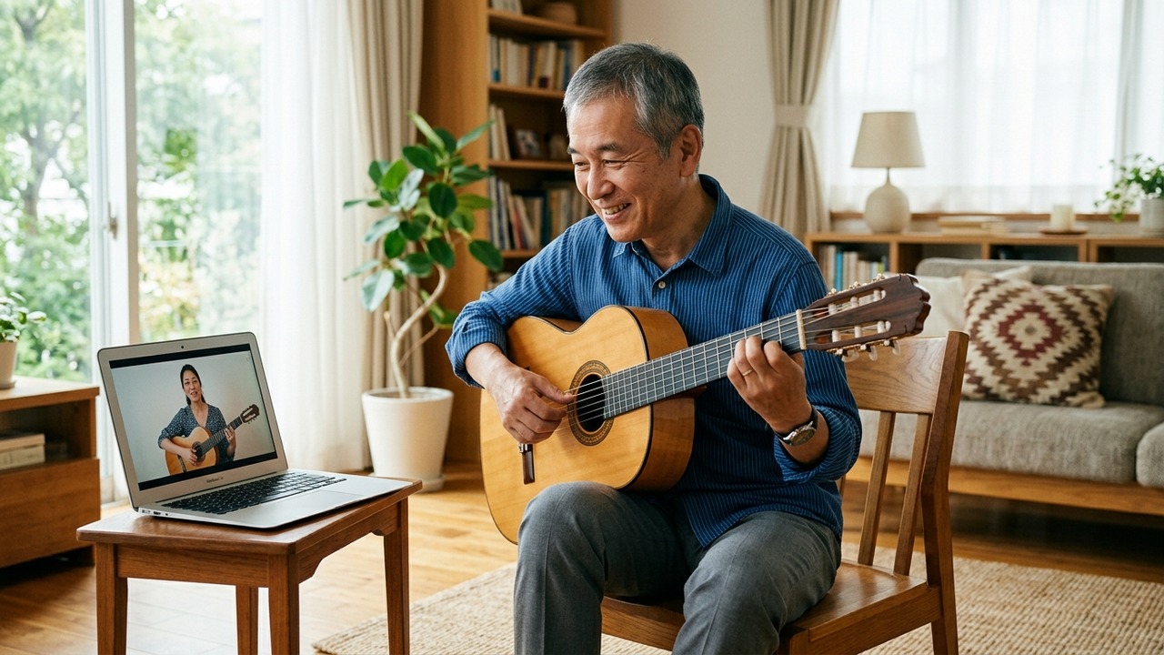 動画で復習しながらギターを学び直す様子