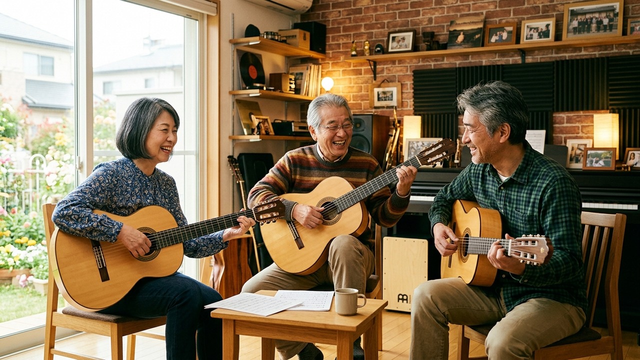 仲間と一緒にフラメンコギターを楽しむ大人