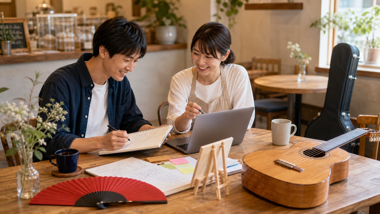 カフェで街メンコの企画相談をしているイメージ