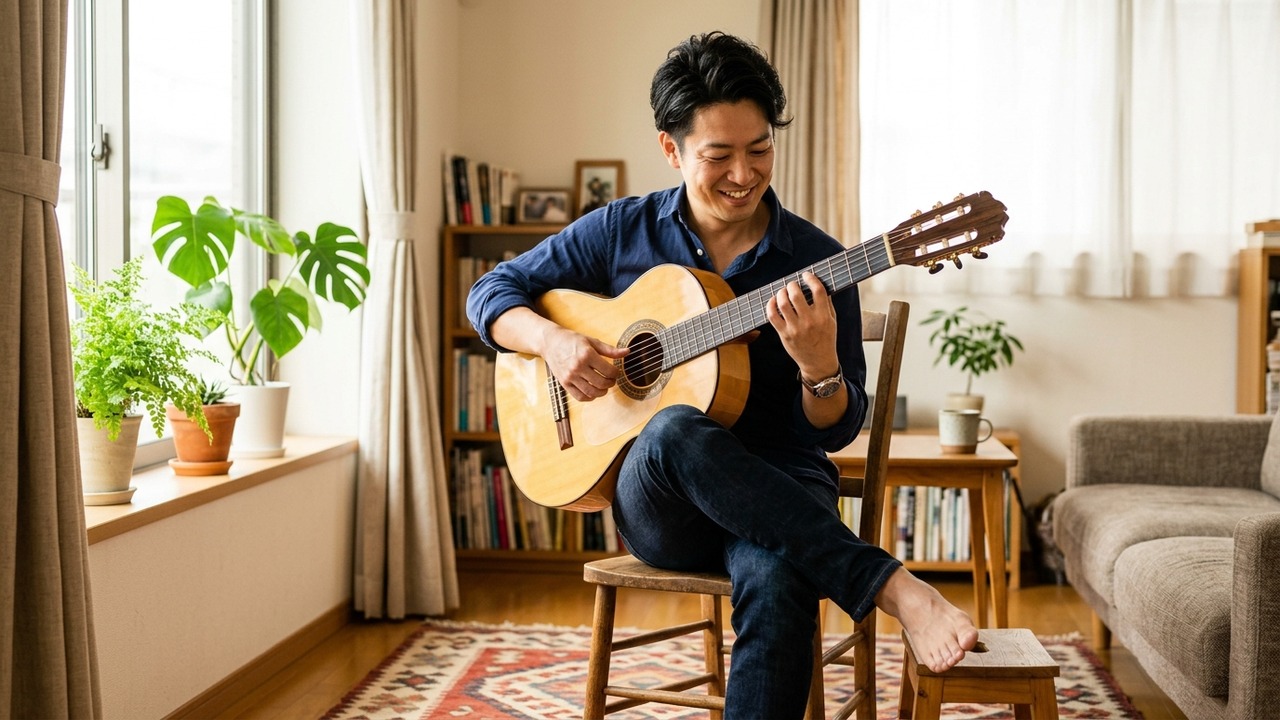 自宅でナイロン弦ギターを楽しむ人のイメージ
