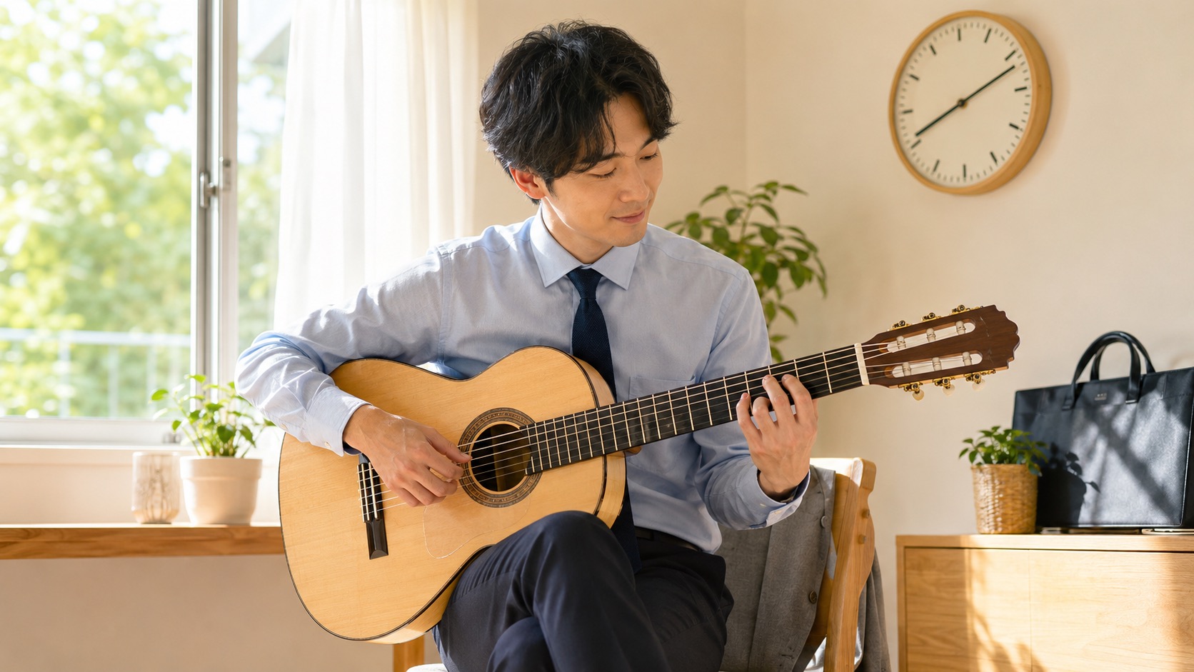 朝の身支度をしながら30秒だけギターを弾く場面