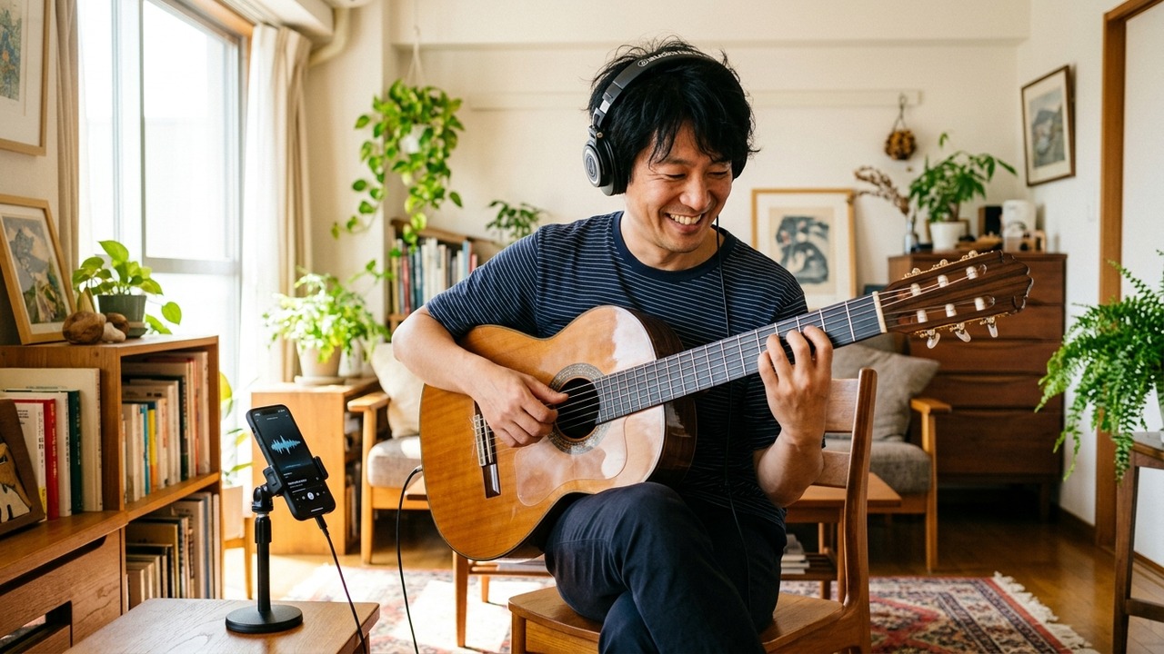 好きな演奏を聴きながらギターを練習する人のイメージ