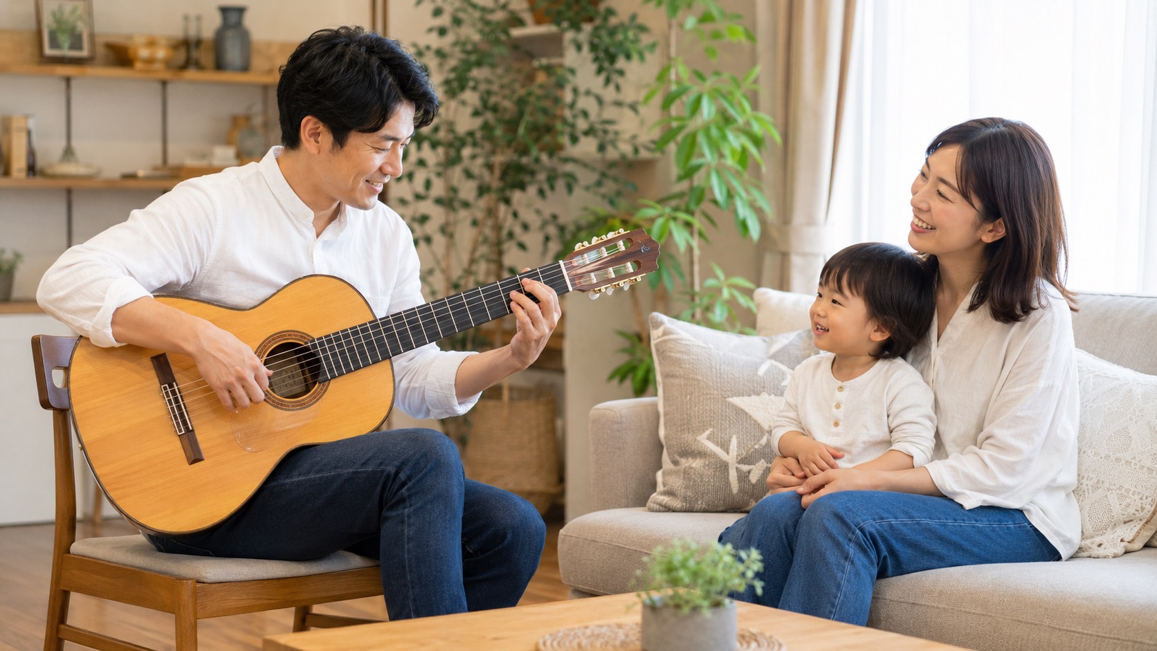 家族の前でギターを演奏する温かい場面