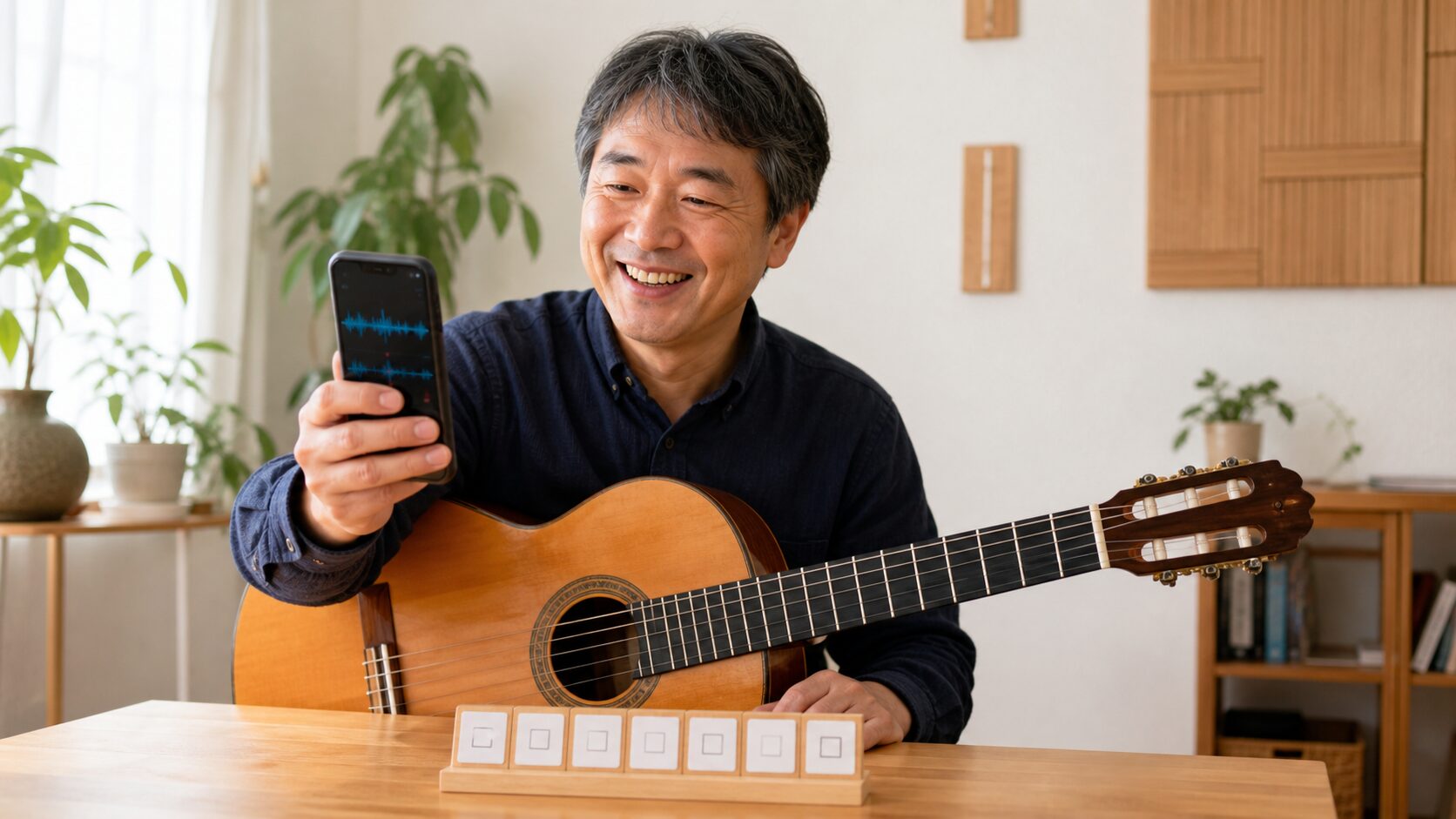 一週間の伴奏練習を録音で振り返るギタリスト