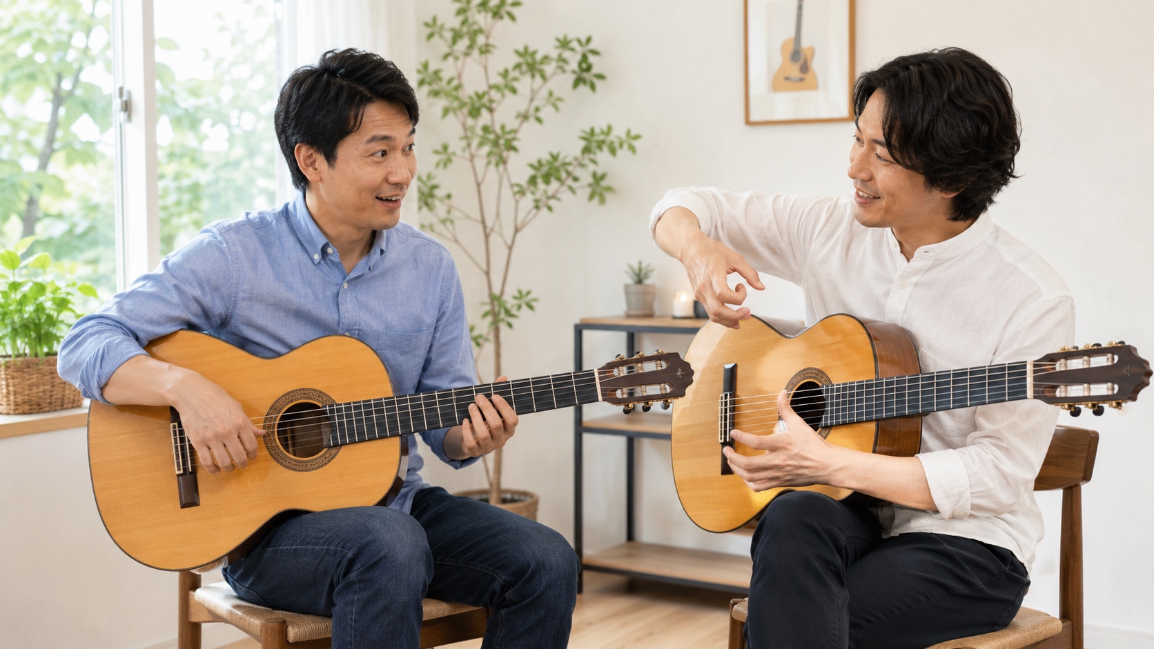フォークギターとフラメンコギターを見比べる男性