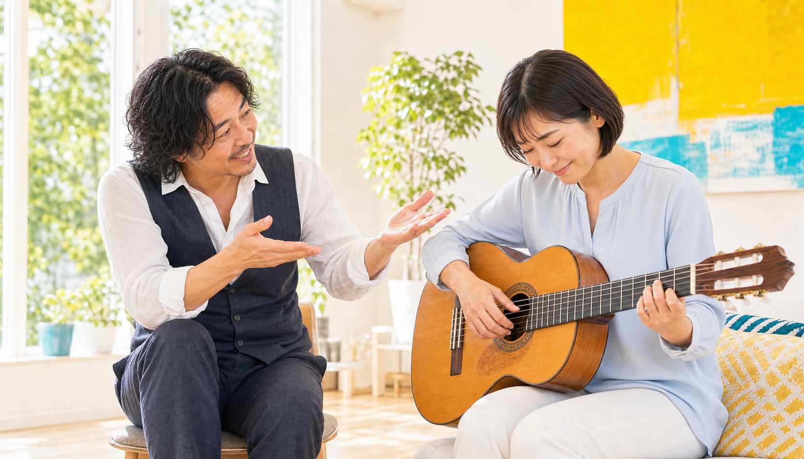 ギター教室で間違いを安心してやり直す初心者と先生