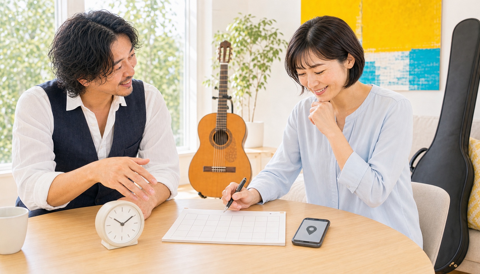 ギター教室の予定と通いやすさを相談する初心者