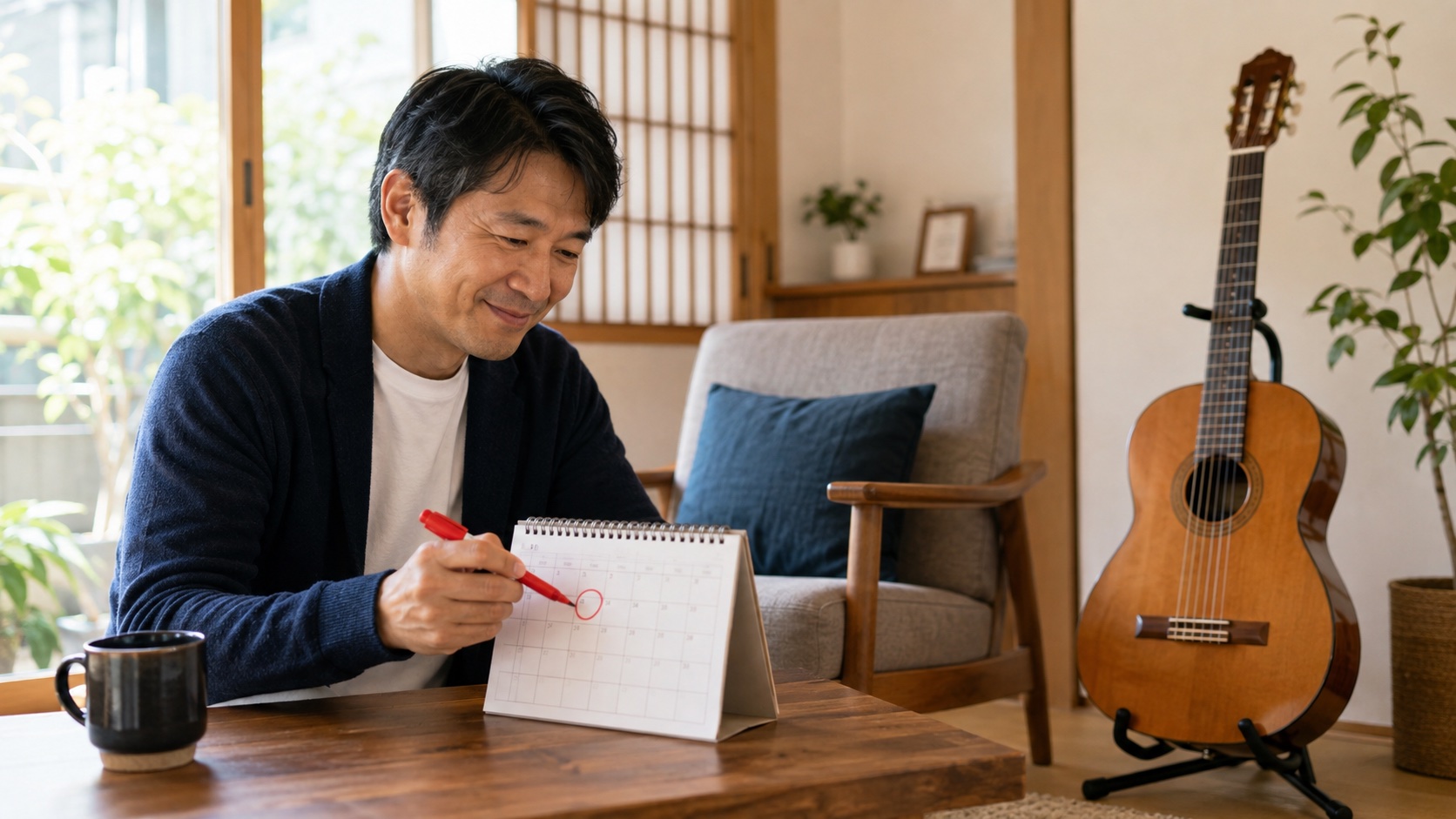 発表会の日をカレンダーに書き込むギター練習者