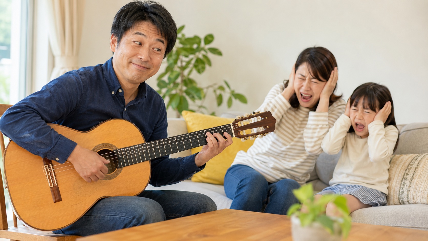 リビングでフラメンコギターを弾く男性の後ろで家族が耳をふさいでいる様子