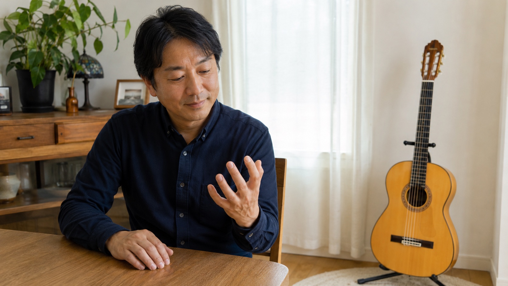 テーブルの上で左手の運指練習をする男性と、スタンドに立てかけたフラメンコギター