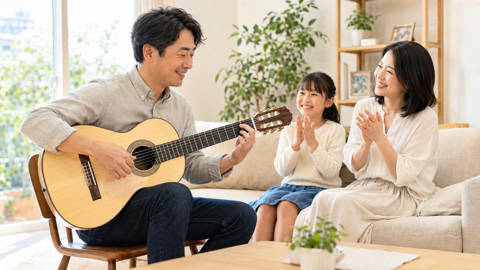 フラメンコギターの演奏を家族が笑顔で拍手しながら聴いている様子