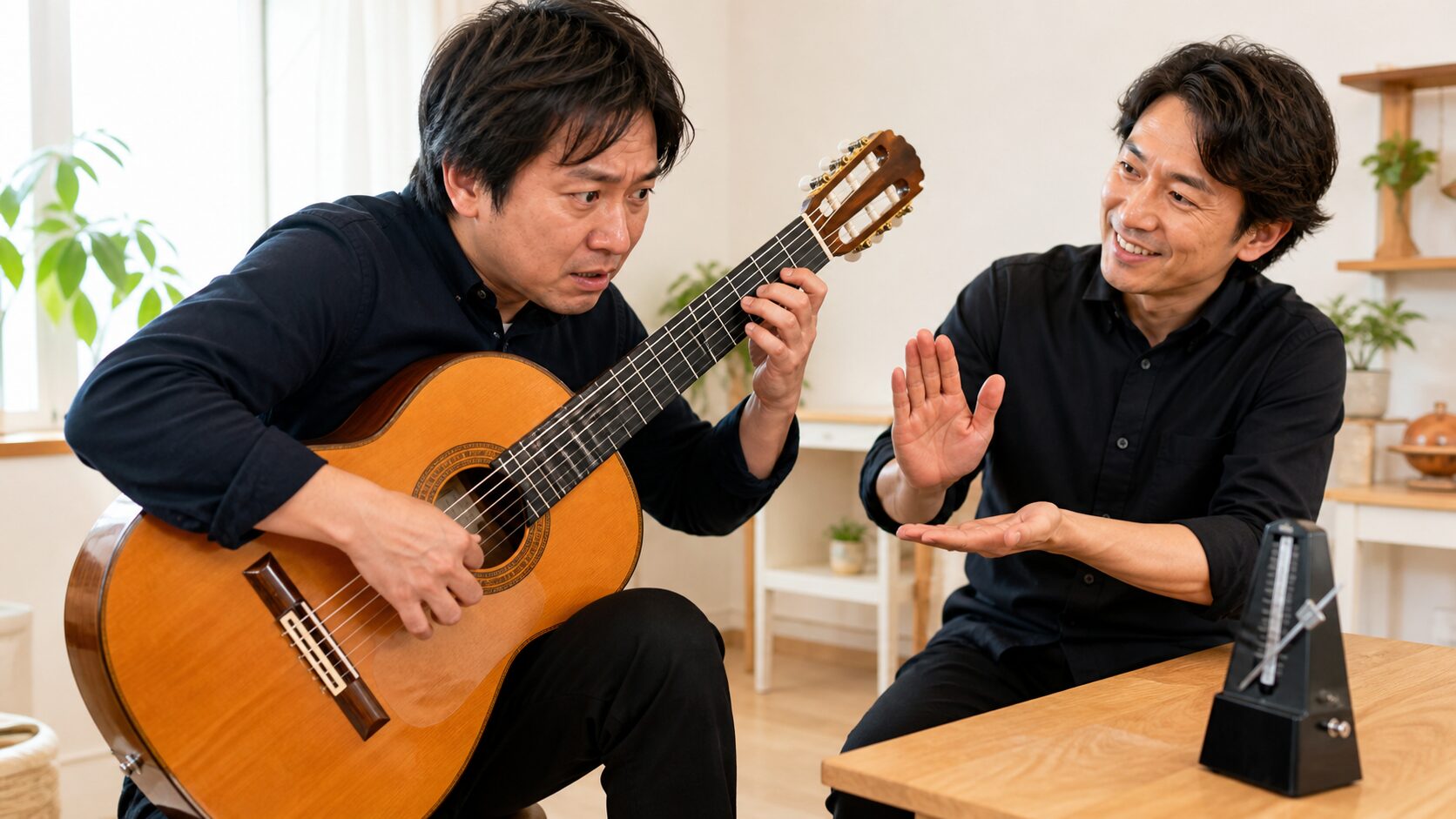 メトロノームを追いかけて力む初心者と助言する講師