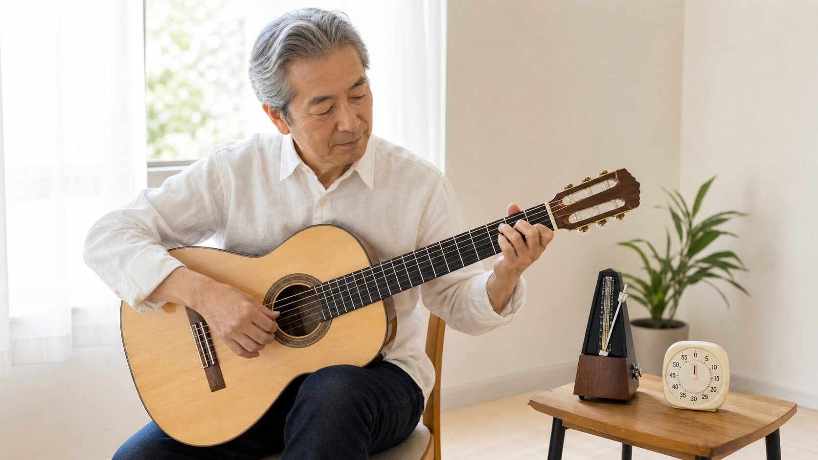 メトロノームと10分タイマーを使って短時間練習するギタリスト