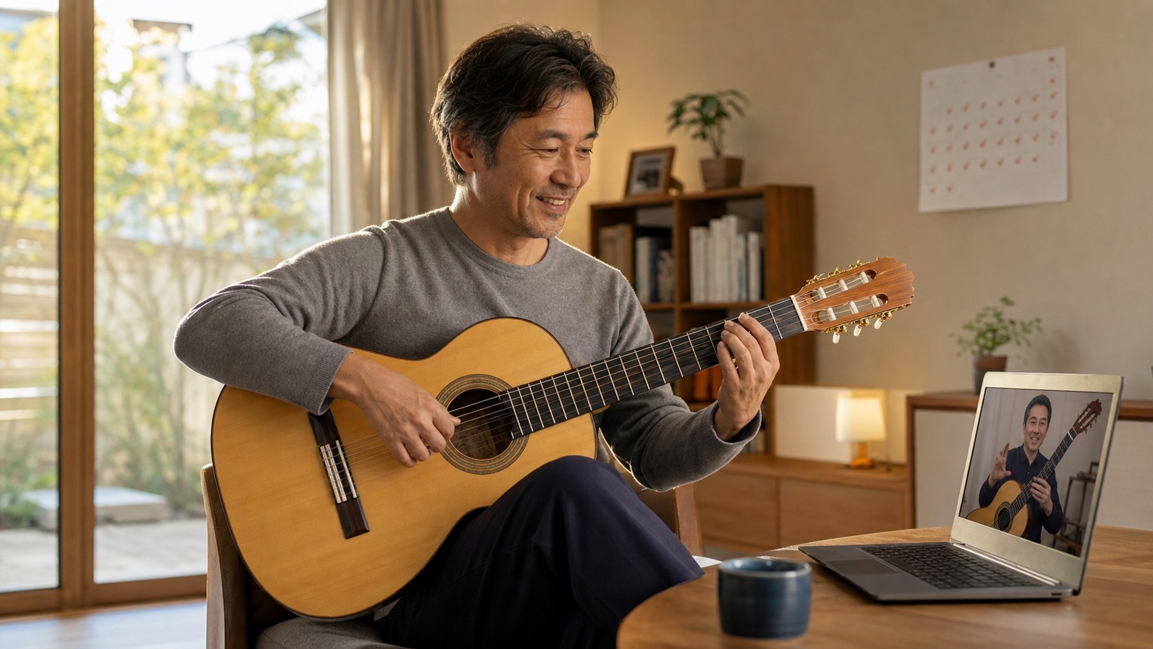 自宅でひとりギターを弾く
