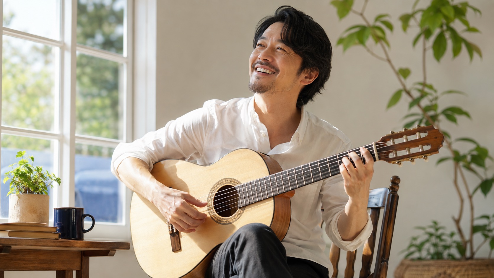踊り場を越えて晴れやかな表情でギターを弾く男性