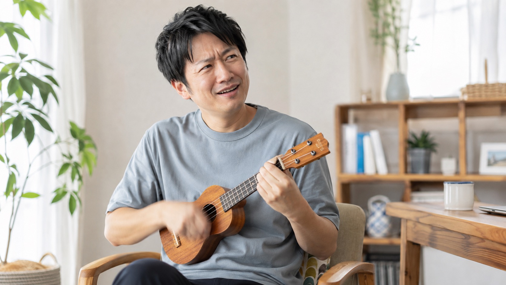 ソプラノウクレレをジャカ弾きして音が負けてしまい苦笑いする男性