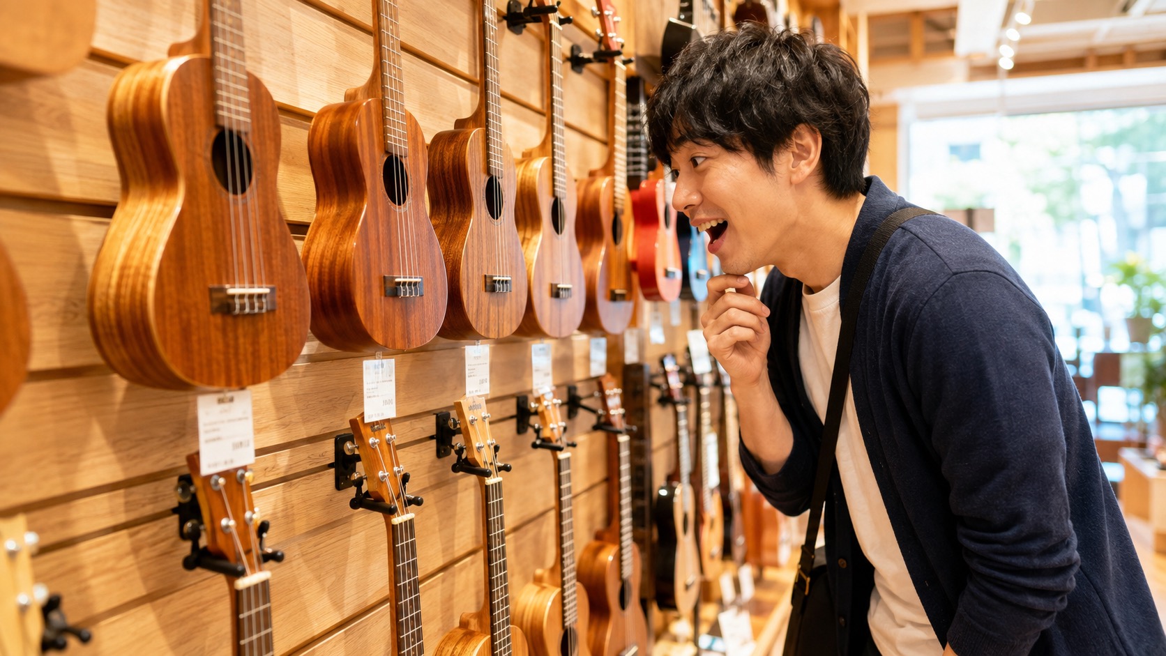 楽器店のウクレレ売り場で価格を見ながらワクワク眺める男性