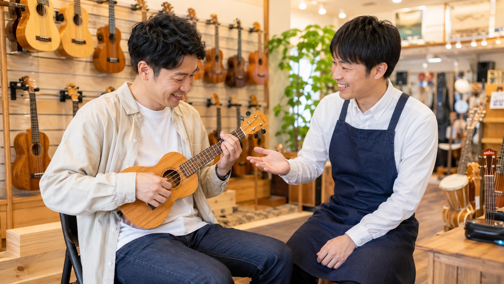 楽器店でウクレレを試奏しながら店員に相談する男性