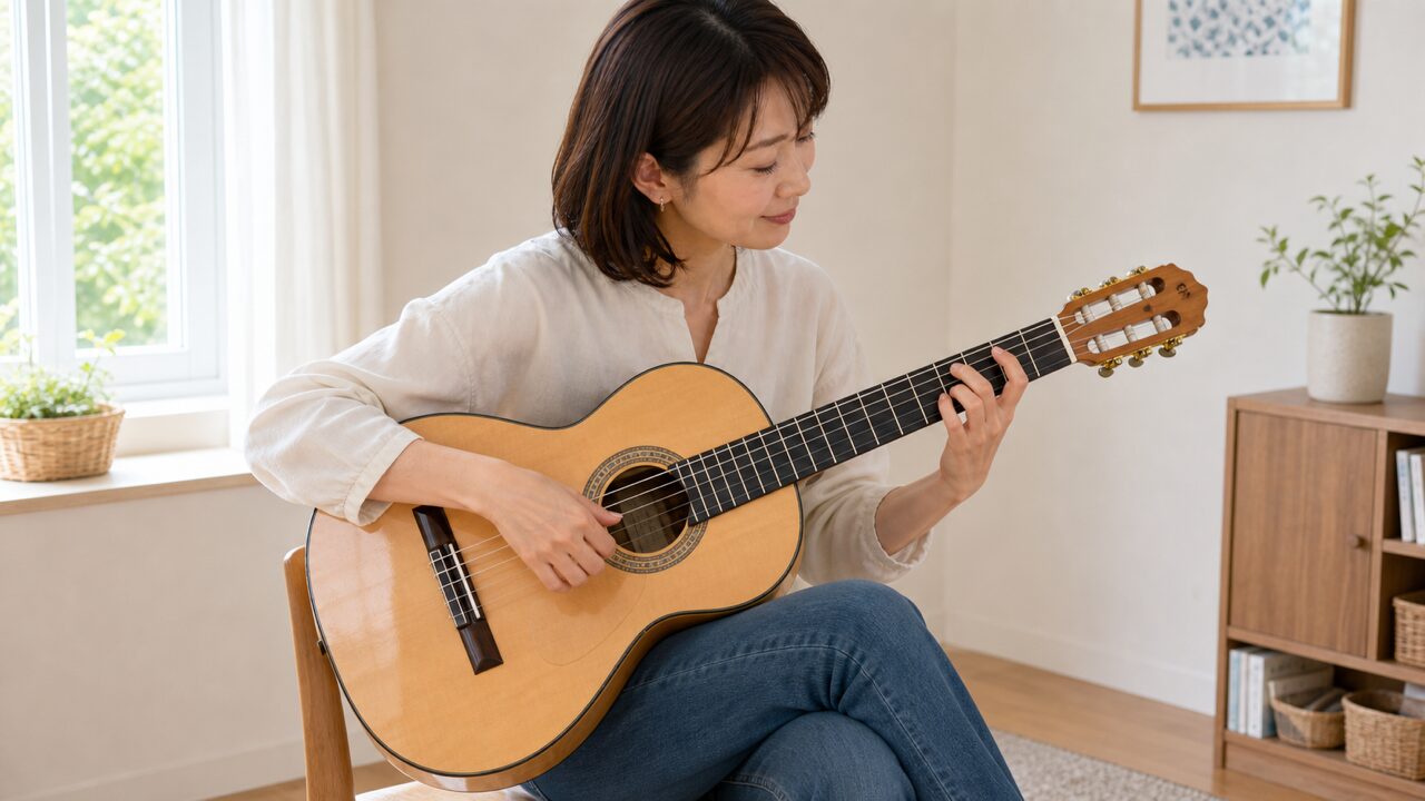 短い爪で小さい音とコンパスを意識してフラメンコギターを練習する女性