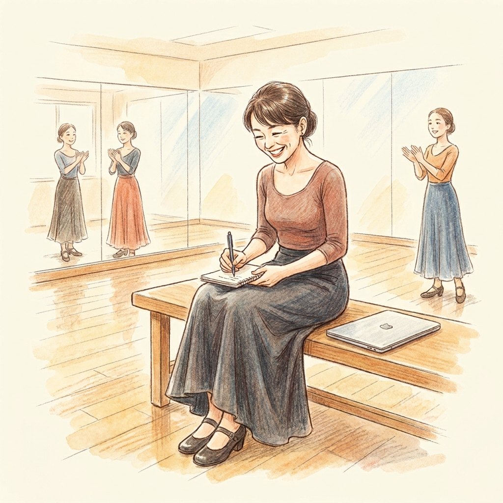 座ったまま、歌が入るところをノートに丸でメモする女性