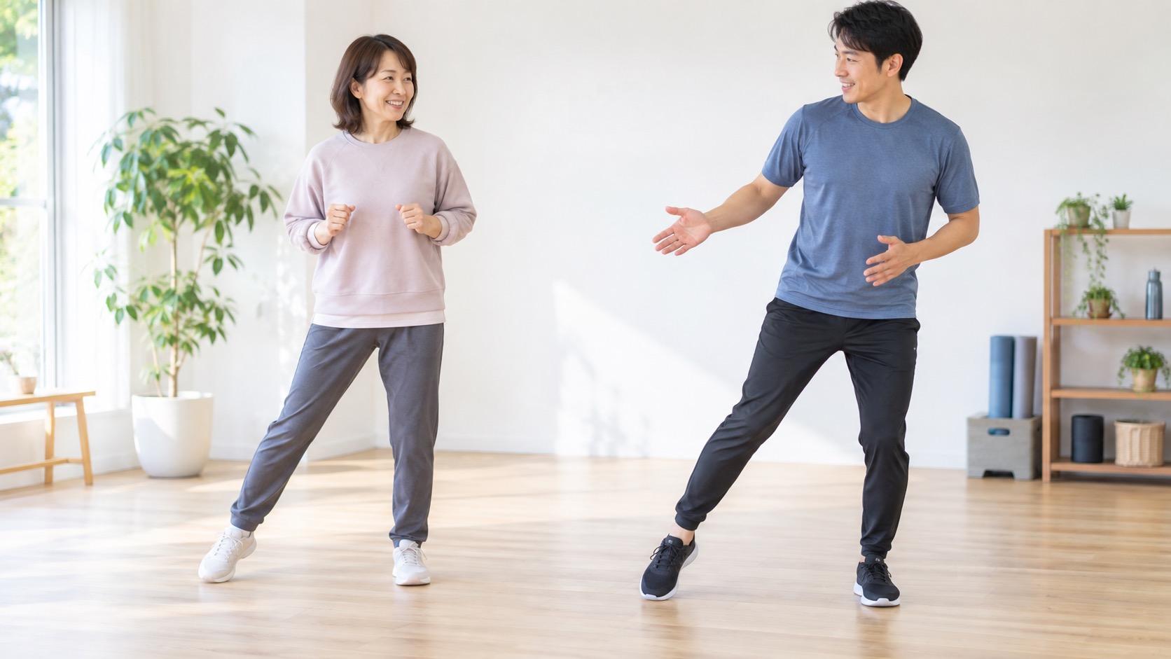 教室でトレーナーと簡単な一歩を合わせるイメージ