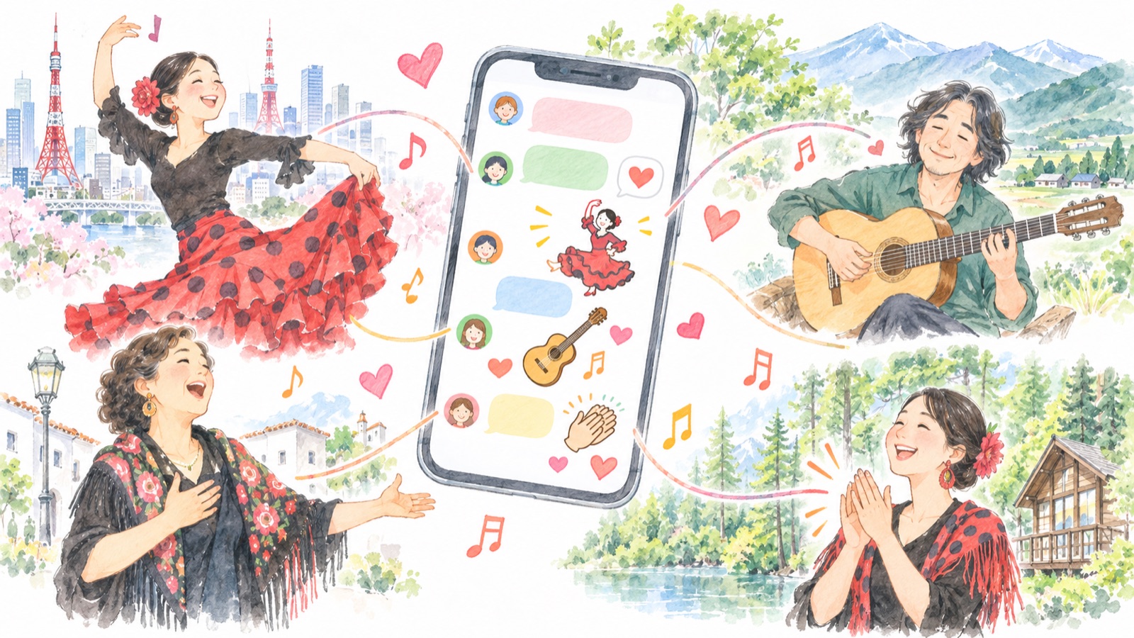 LINEグループでつながる踊り・ギター・カンテの愛好家たち(イラスト)