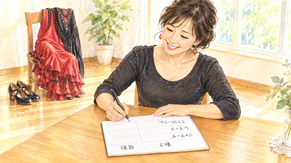ギター合わせで頼みたいことを、場所・困りごと・お願いの3つに分けてノートに書く女性