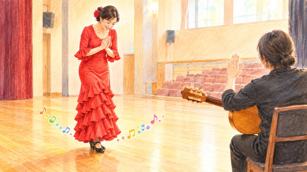 リハーサルで踊り手が伴奏ギタリストに声をかけ、ギタリストが手を上げて応える場面