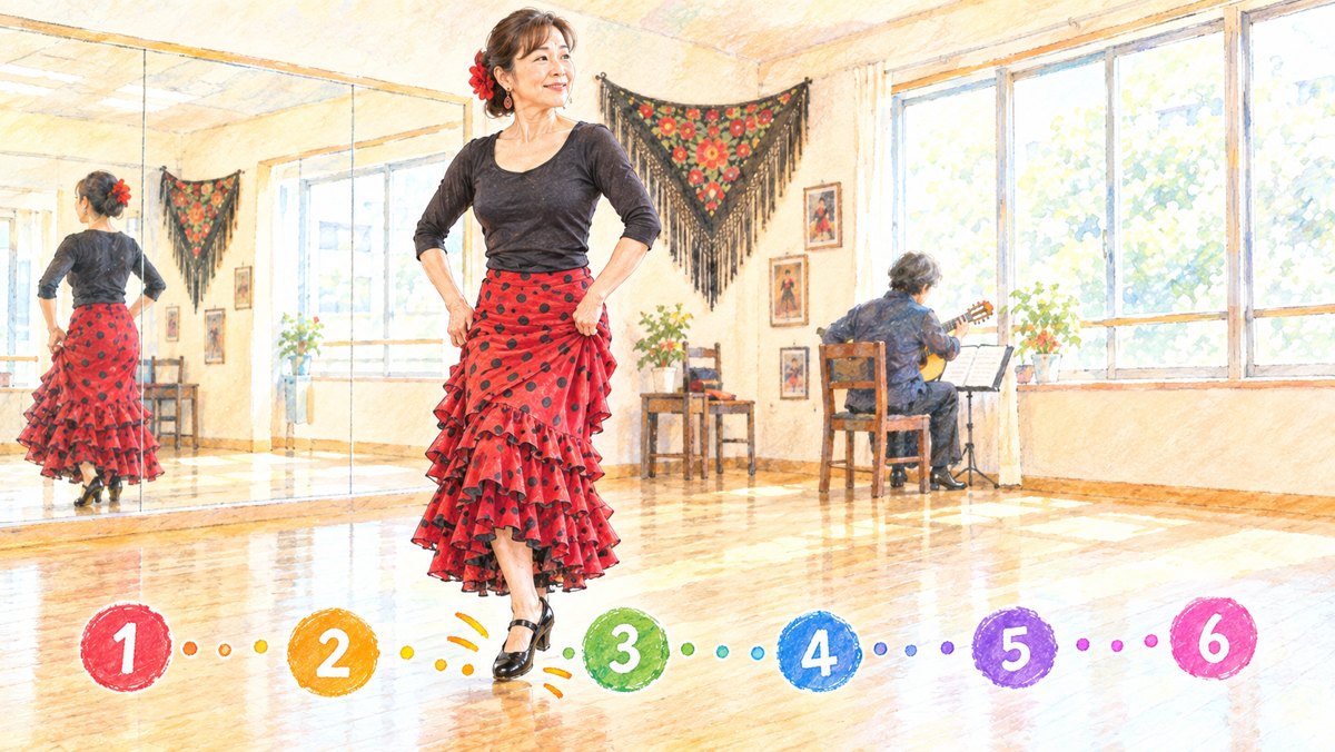 足を打つ踊り手の足元に音の順番が並び、奥でギタリストが合わせて弾いている様子