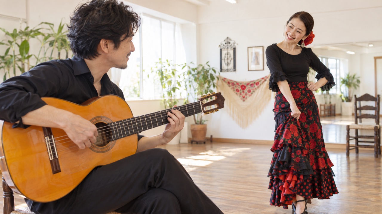 生伴奏のギタリストと合わせながら様子をうかがうバイレの踊り手