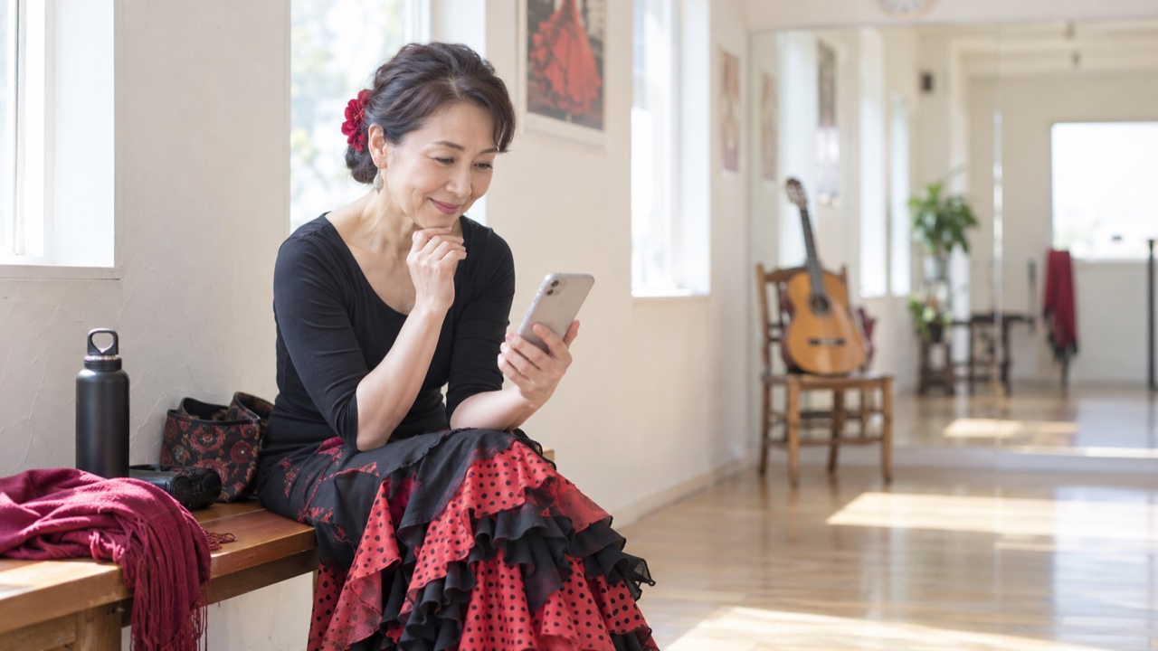 合わせの録画をスマートフォンで見返して振り返るバイレの生徒