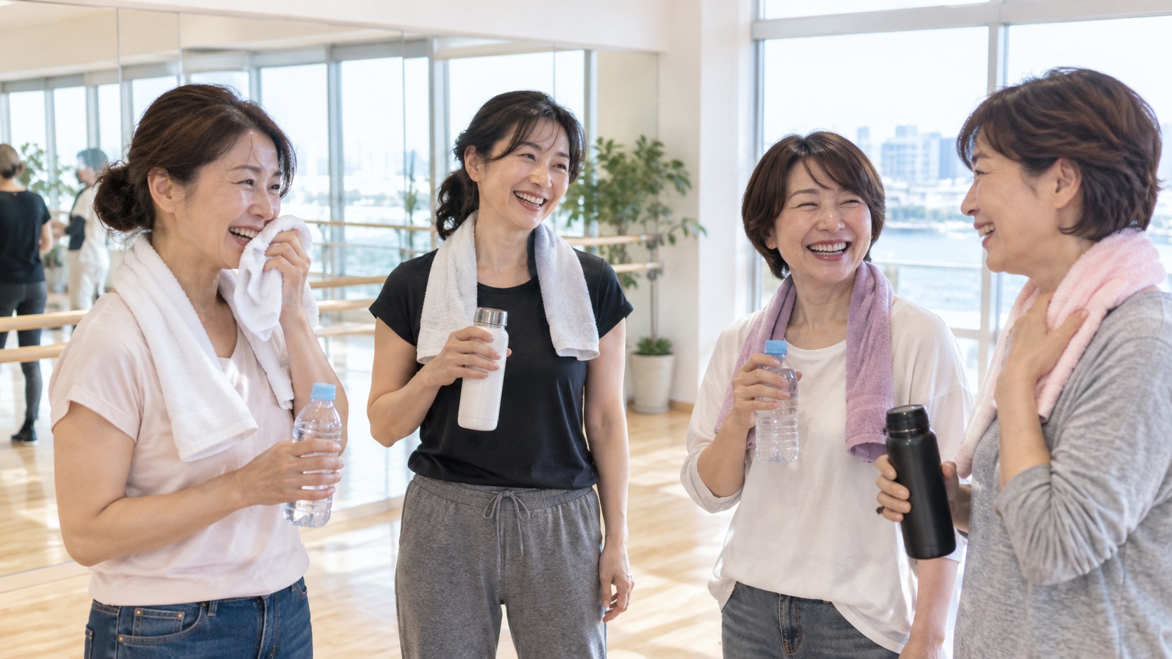 レッスン後にタオルで汗を拭いて談笑する女性たち