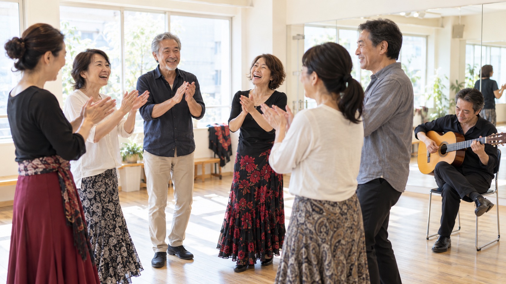 普段着のままフラメンコの手拍子を楽しむ大人たち
