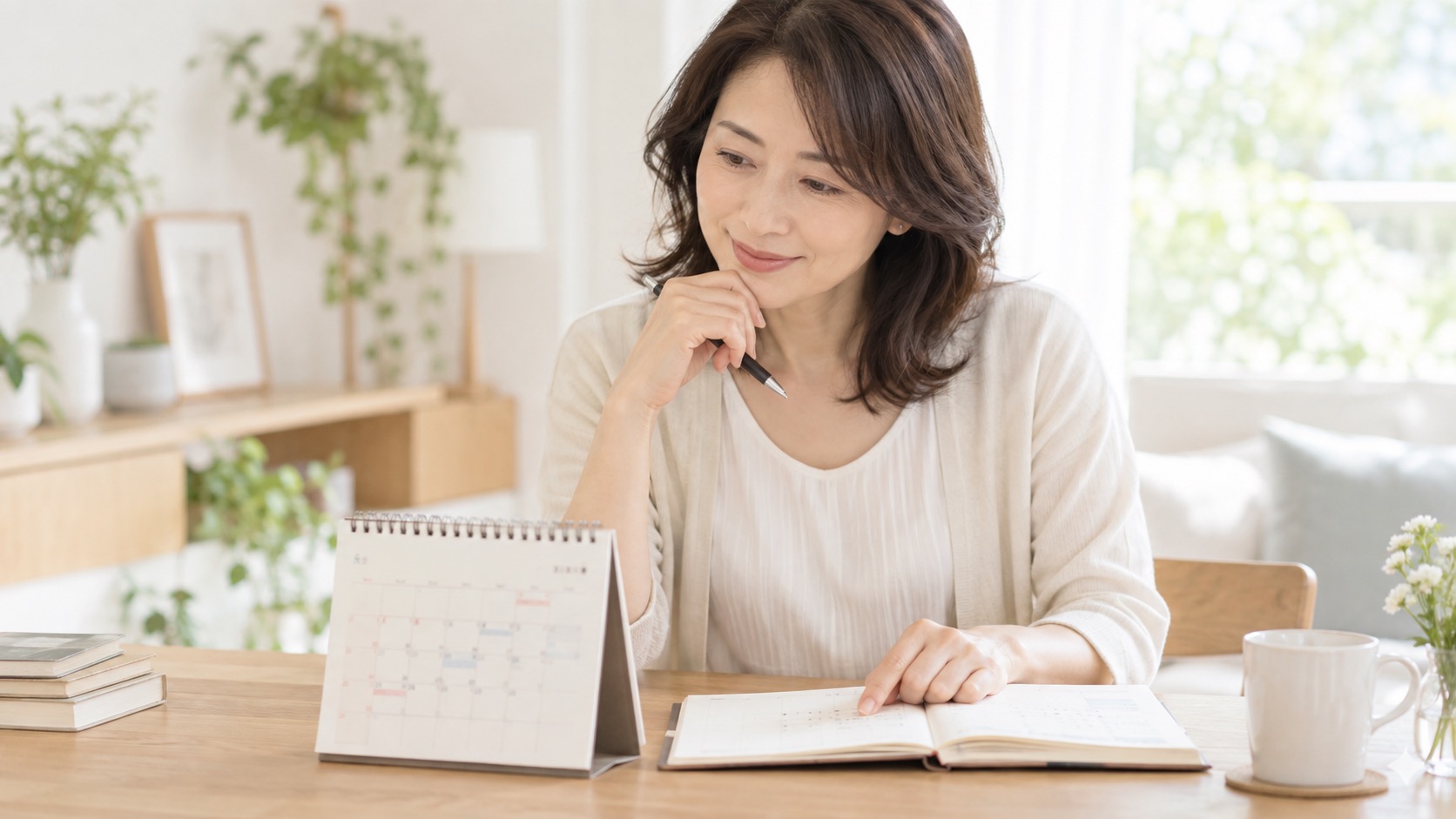カレンダーと手帳でレッスンに通う日を考える女性のイメージ