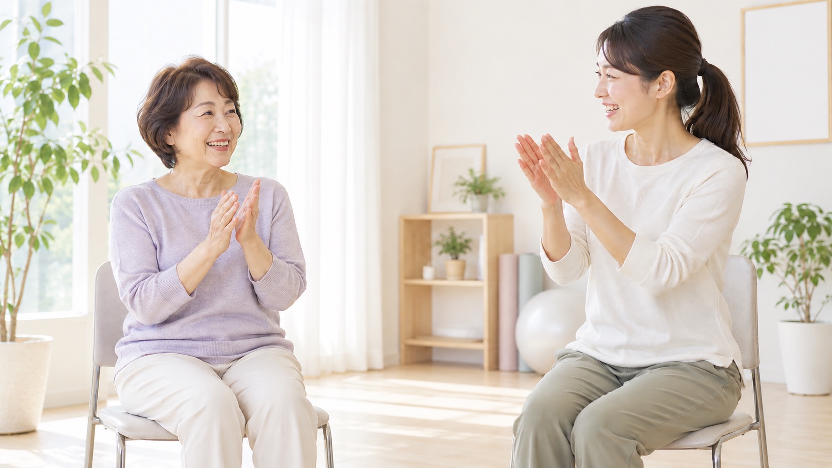 座って手拍子をまねる初心者とトレーナーのイメージ