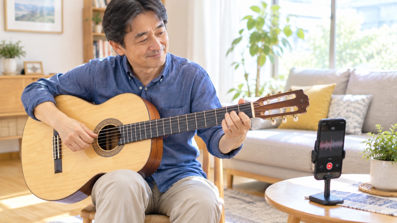 スマートフォンを立てて今日の出発点を録音しながらギターを弾く男性