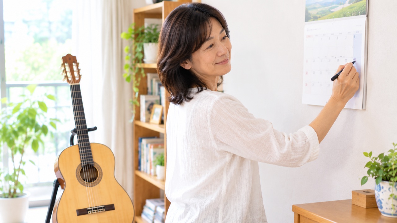 次に弾く日と最初に弾く場所をカレンダーに書き込む様子
