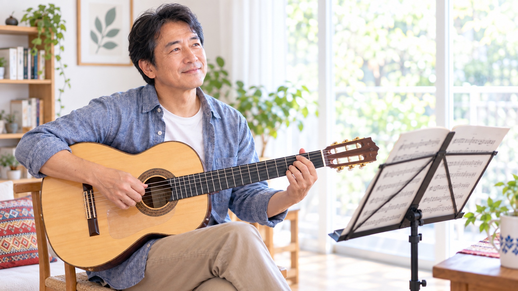 楽譜から視線を外して音の流れを思い出すギター学習者