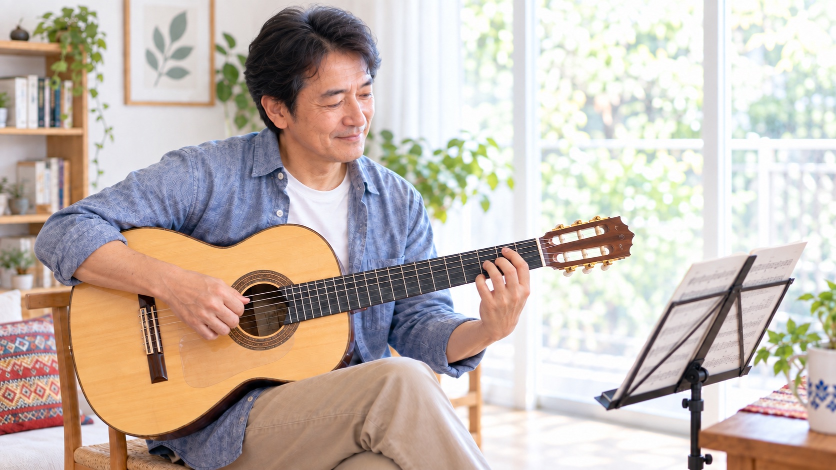 楽譜とギターの左手を確かめる練習風景