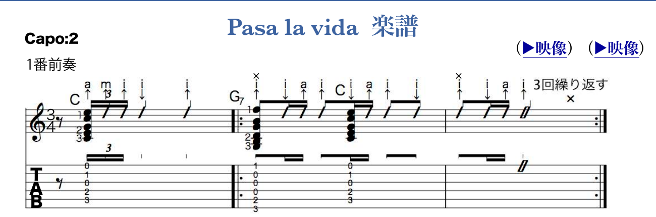 Opening staff for Pasa la vida: capo 2, C followed by the repeated G7 to C pattern, with rhythm notation and TAB
