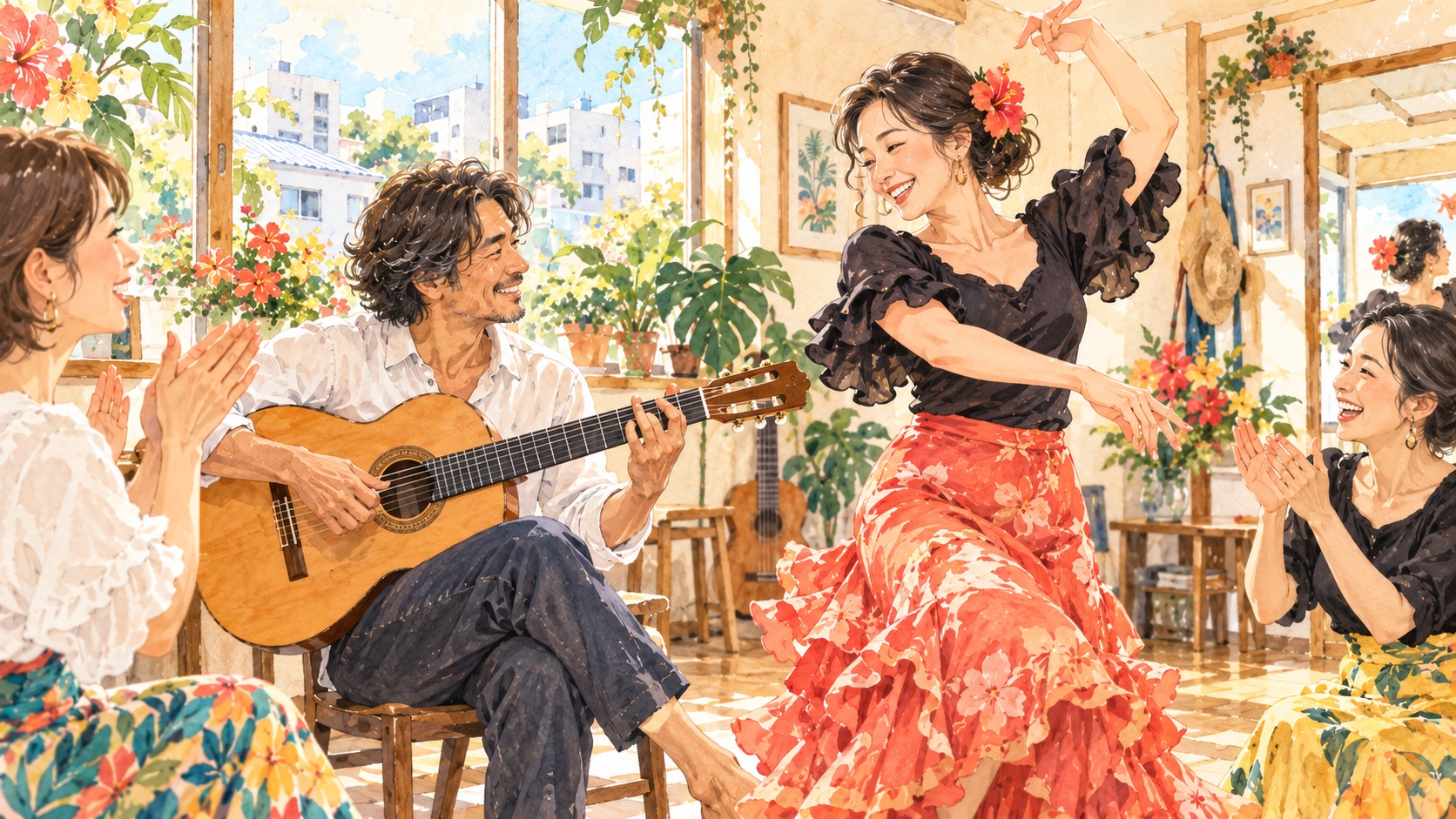 小さな練習室でギタリストと踊り手が笑顔で一曲を合わせる未来のイラスト