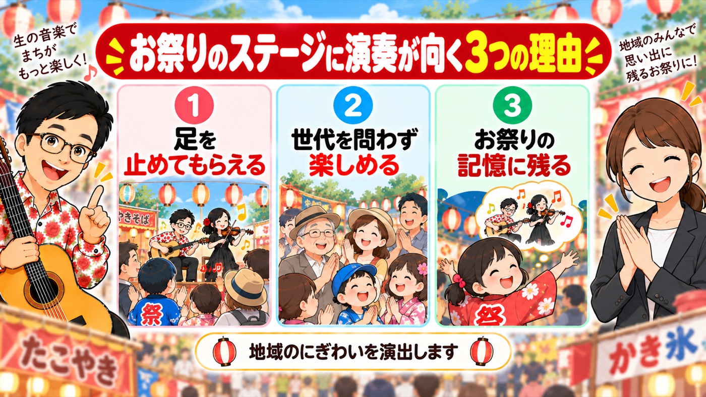 図解:お祭りのステージに、演奏が向く3つの理由