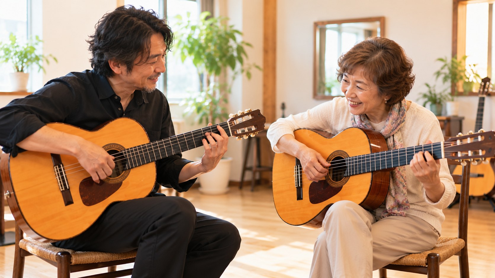 先生の手元を見ながら、はじめてギターを弾く生徒さん