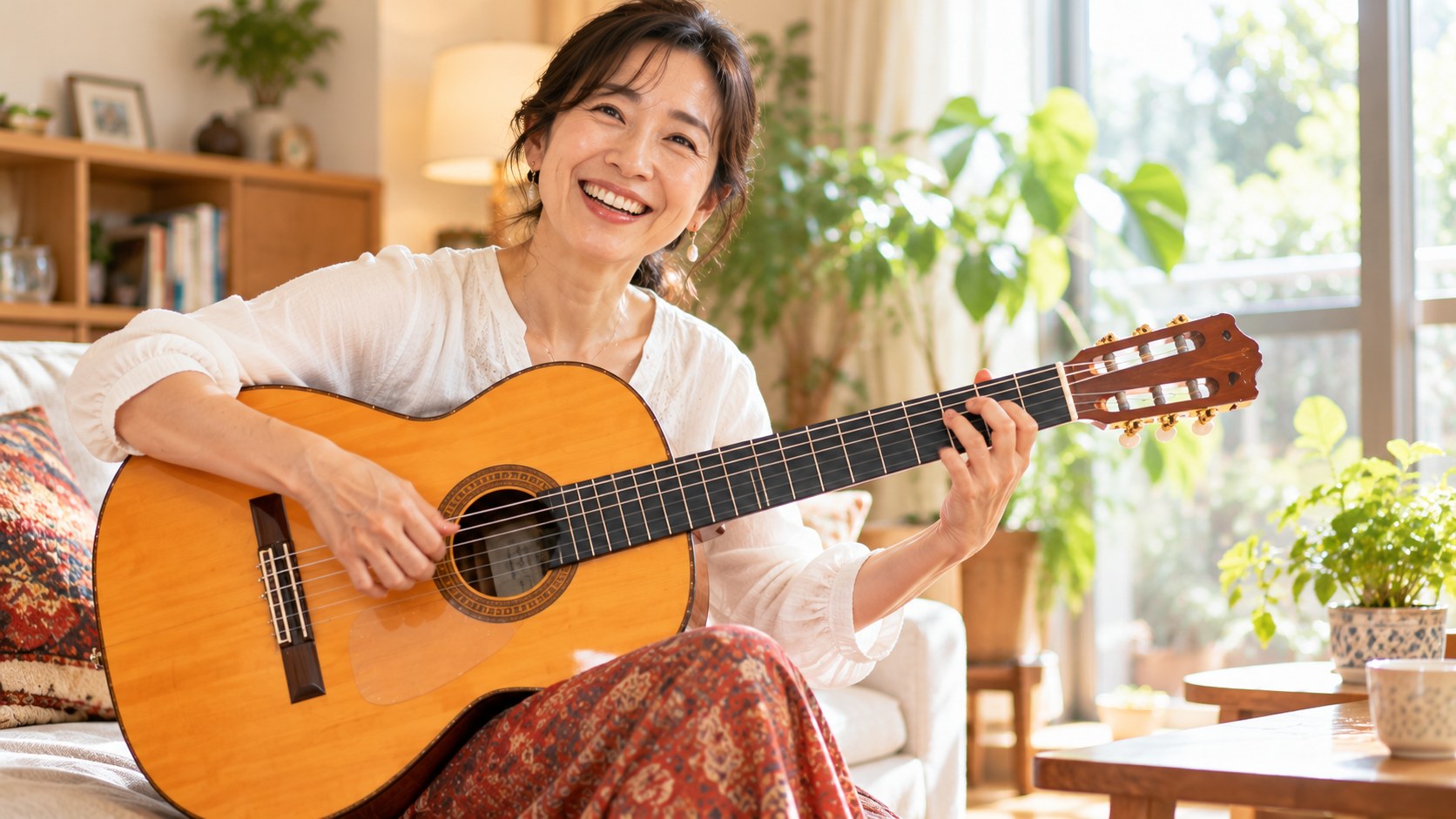 明るいリビングでフラメンコギターを笑顔で弾く女性