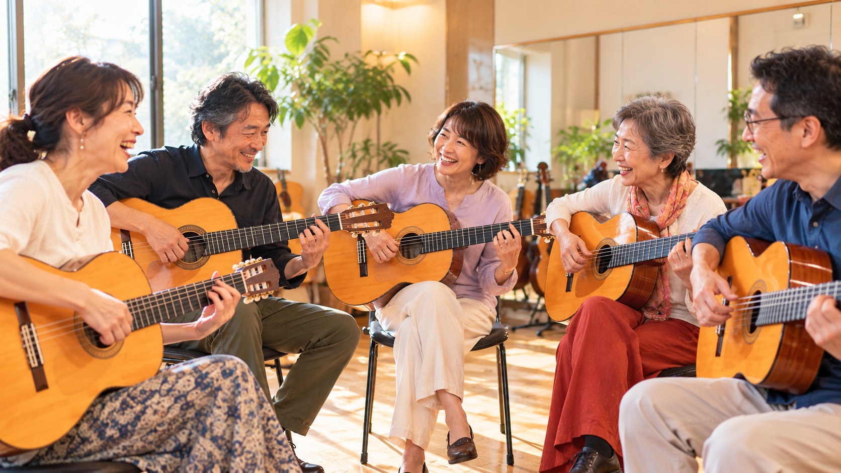 仲間と輪になってギターを弾いて笑い合う大人たち