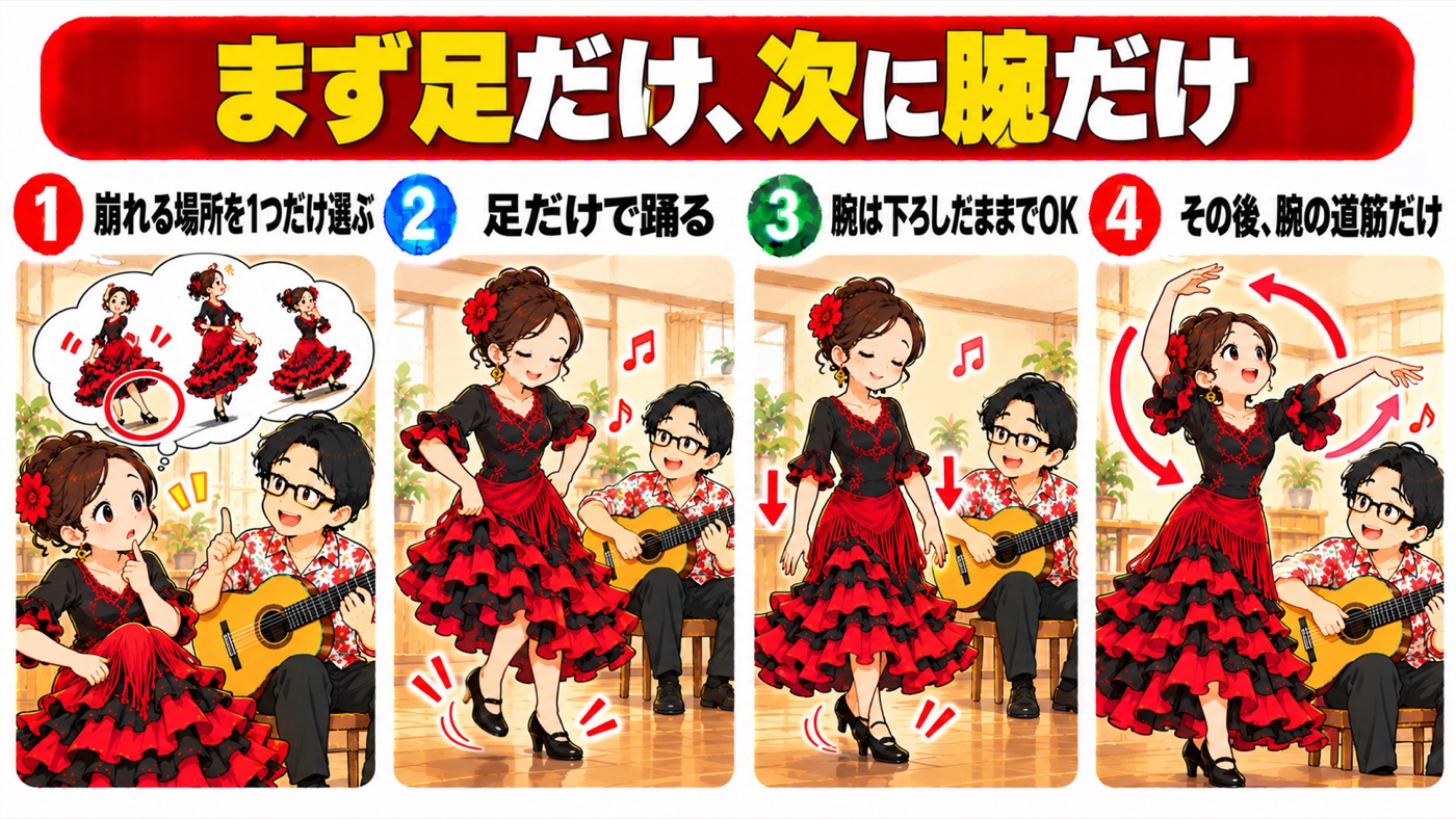 図解：まず足だけ、次に腕だけ