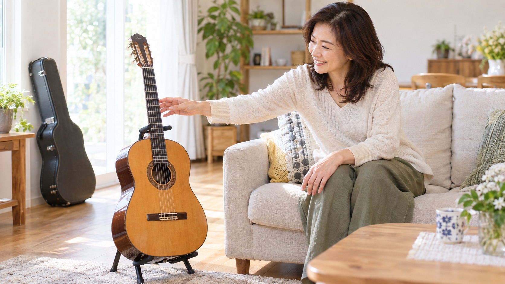ソファーに座ったままギタースタンドのギターに手を伸ばす女性