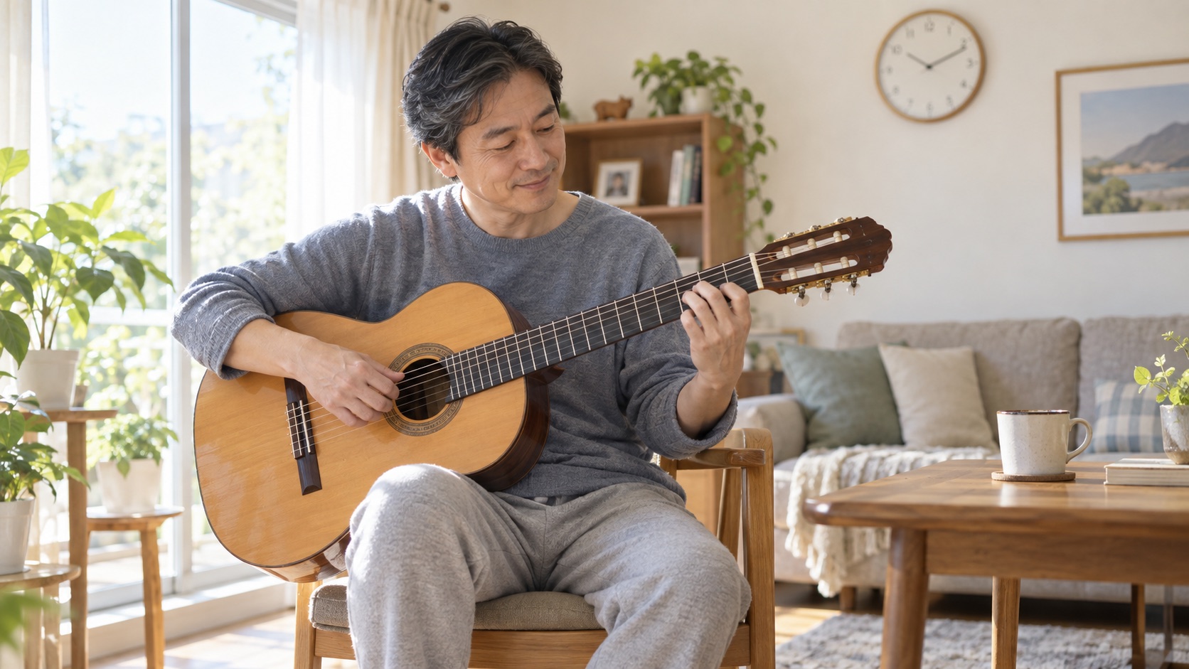 朝のリビングで短い時間だけギターを弾く男性