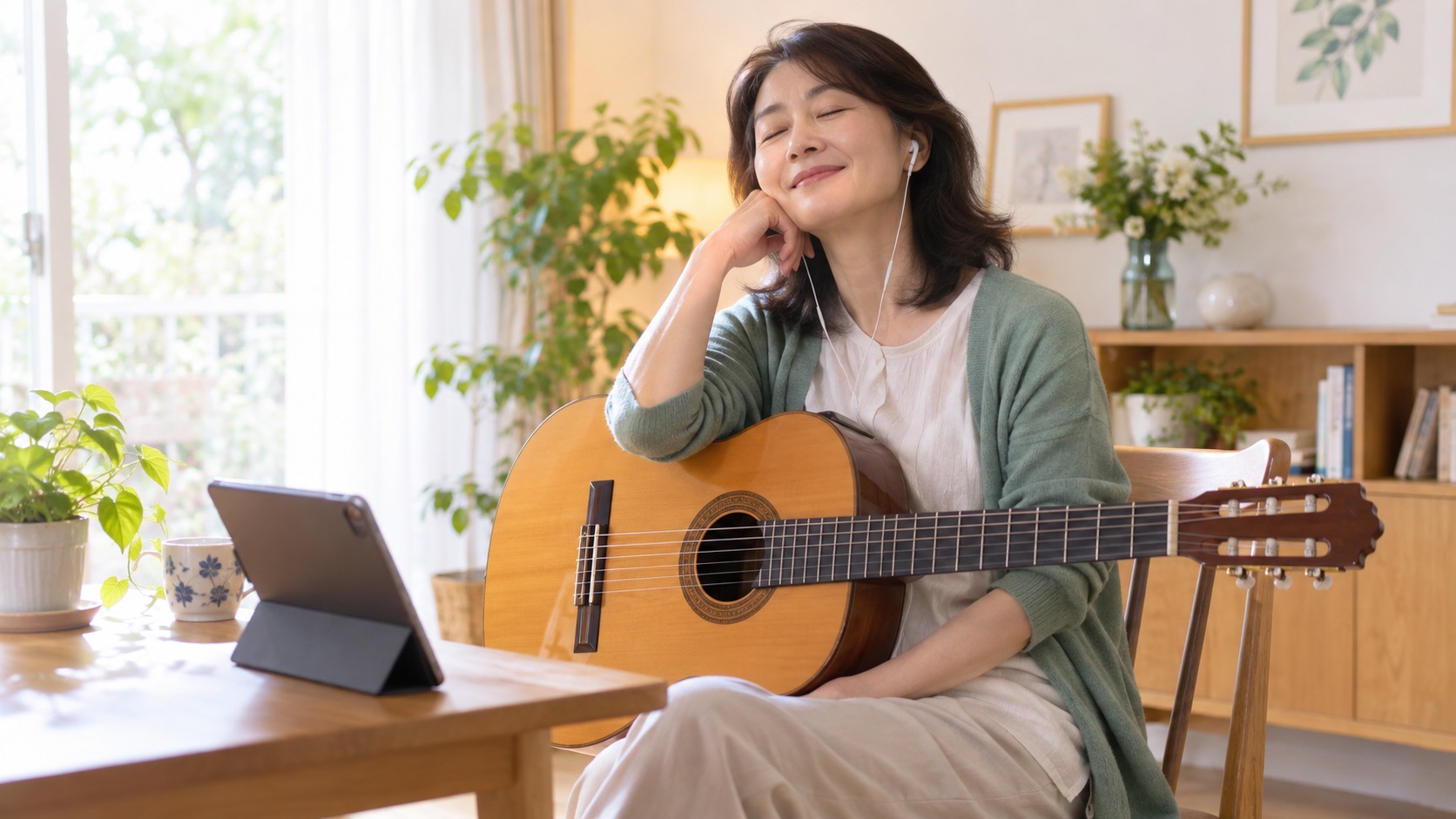 ギターを抱えたままイヤホンでお手本の演奏を聴く女性