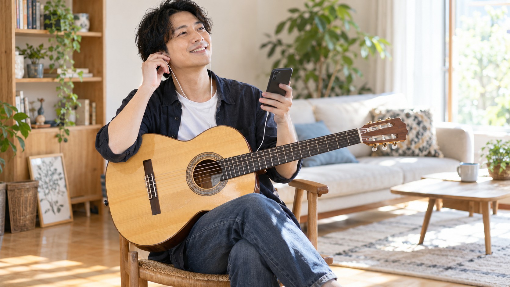 家でギターを抱えて音楽を聴く人